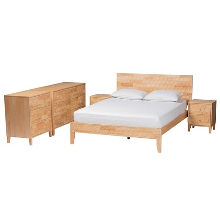 Baxton Studio Hosea Japandi Carved Honeycomb Natural Queen Size 5-Piece Bedroom Set 246-13619-13627-13627-13622-13623-ZORO